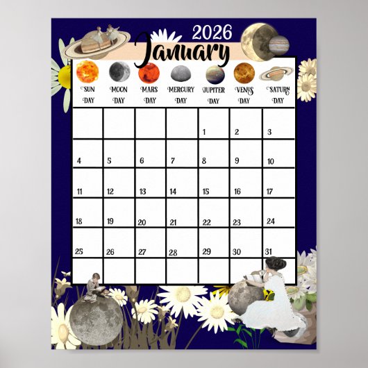 Poster January 2026 Monthly Calendar Astrological (Devant)