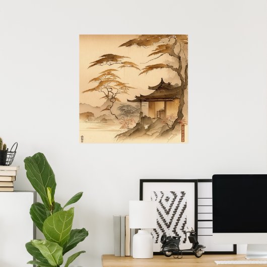 POSTER JAPANDI ART JAPON VILLAGE SCÈNE ART BROWN CHAUD (Bureau à domicile)