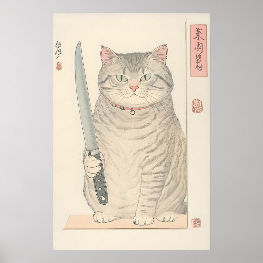 Poster Japanese Cat Print Funny Tabby Cat with Knife (Devant)