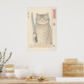 Poster Japanese Cat Print Funny Tabby Cat with Knife (Cuisine)