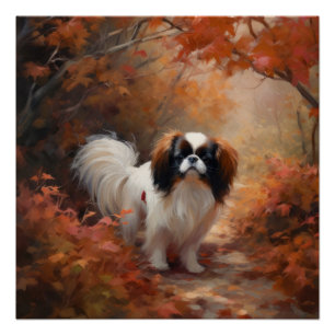 Poster Japanese Chin dans les feuilles d'automne tombent 