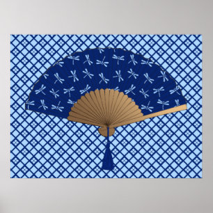 Poster Japanese Fan, Dragonfly Pattern, Cobalt Blue