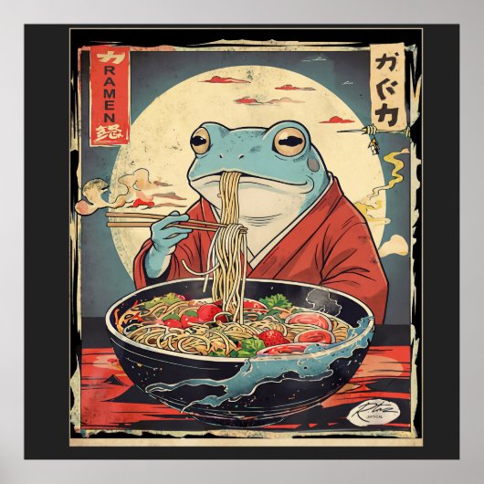 Poster Japanese Frog Eating Ramen  for funny food lovers (Devant)