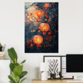 Poster Japanese Lanterns at Night – Warm Watercolor Art (Bureau à domicile)
