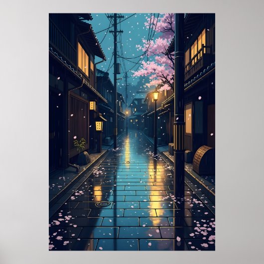 Poster Japanese Rainy Cozy Cherry Blossom Street Anime (Devant)