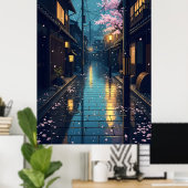 Poster Japanese Rainy Cozy Cherry Blossom Street Anime (Bureau à domicile)