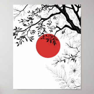 Poster Japanese Red Sun & Brush Tree Art