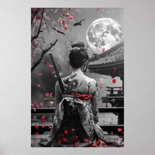 Poster Japanese samurai woman with tattoo under full moon (Devant)
