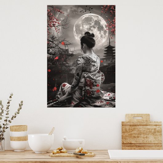 Poster Japanese samurai woman with tattoo under full moon (Cuisine)