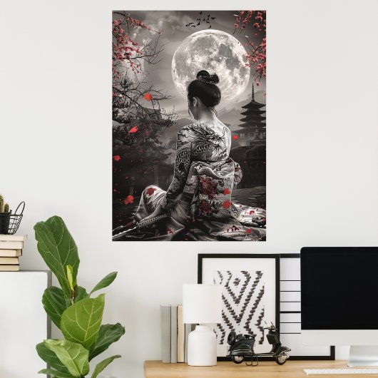Poster Japanese samurai woman with tattoo under full moon (Bureau à domicile)