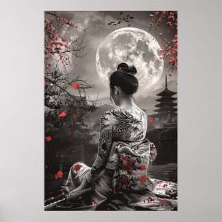 Poster Japanese samurai woman with tattoo under full moon