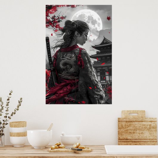 Poster Japanese samurai woman with tattoo under full moon (Cuisine)