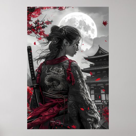 Poster Japanese samurai woman with tattoo under full moon (Devant)