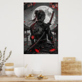 Poster Japanese samurai woman with tattoo under full moon (Cuisine)