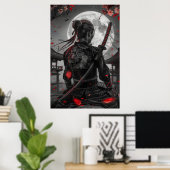 Poster Japanese samurai woman with tattoo under full moon (Bureau à domicile)