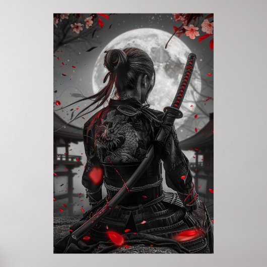 Poster Japanese samurai woman with tattoo under full moon (Devant)
