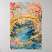 Poster Japanese-style arched bridge spans a tranquil rive (Devant)