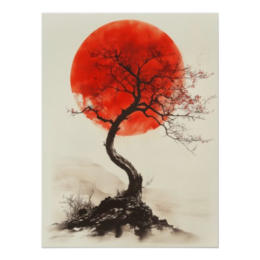 Poster Japanese Sunset Tree - Red Sun Silhouette Art (Devant)