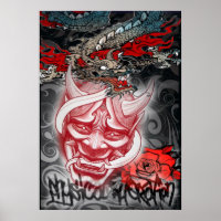 Poster Japans masker en draak