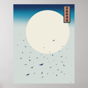 Poster Japon hirondelles lune