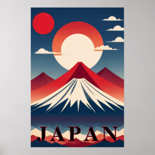 Poster Japon Mont Fuji Géométrique Voyage Soleil Rouge
