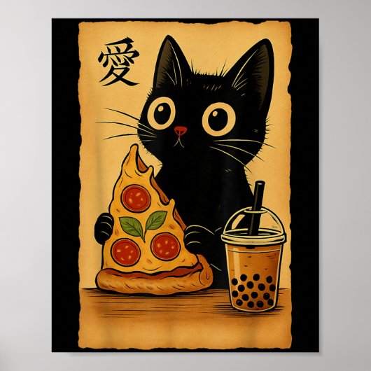 Poster Japonais Kawaii Anime Cat Zza A Tea Cat Manger Zza (Devant)