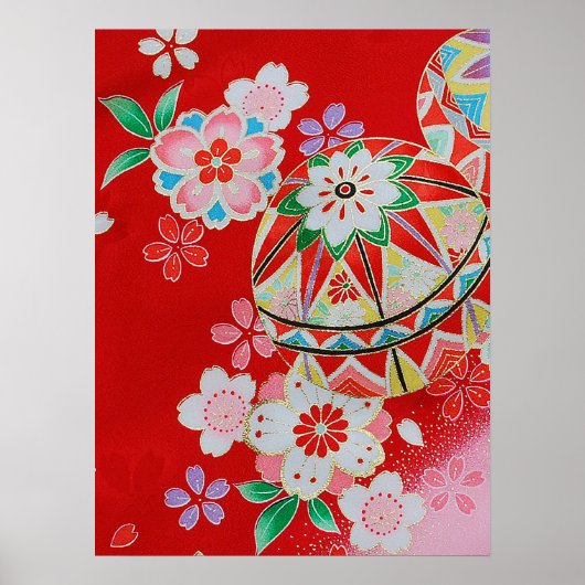 Poster Japonais KIMONO Textile, motif floral (Devant)