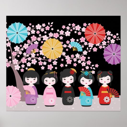 Poster Japonais Kokeshi Dolls Noir (Devant)