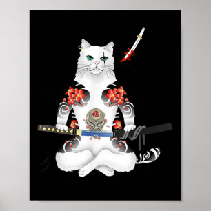 Poster Japonais Samurai Chat Katana Ninja Yakuza Tattoo