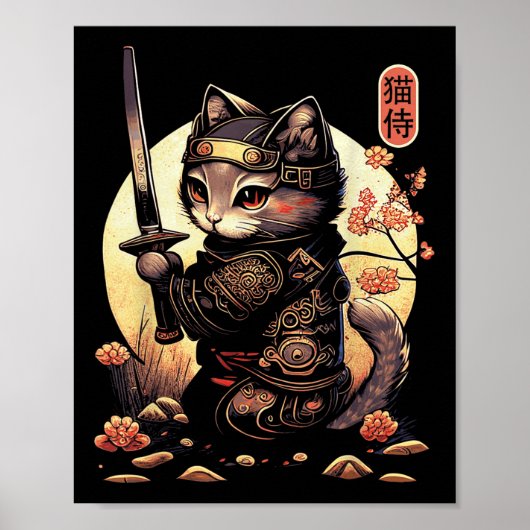 Poster Japonais Samurai Chat Tattoo, Kawaii Ninja Chat (Devant)
