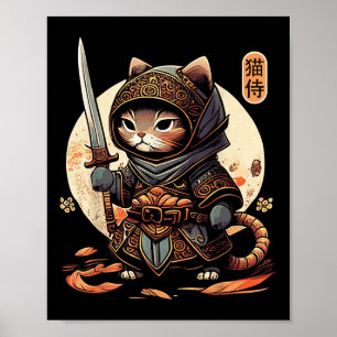 Poster Japonais Samurai Chat Tattoo Kawaii Ninja Chat