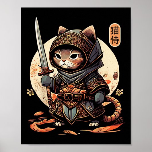 Poster Japonais Samurai Chat Tattoo Kawaii Ninja Chat (Devant)