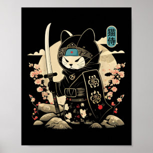 Poster Japonais Samurai Chat Tattoo Kawaii Ninja Chat _1