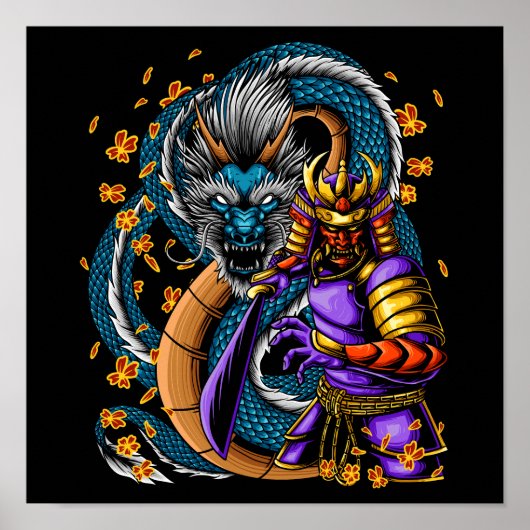 Poster Japonais Samurai Guerrier et Dragon (Devant)