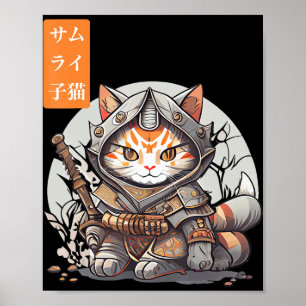 Poster Japonais Samurai Guerrier Kawaii Chat Anime Lover