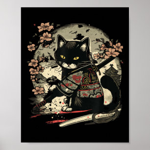 Poster Japonais tatouage de chats Samurai, Vintage Kawaii