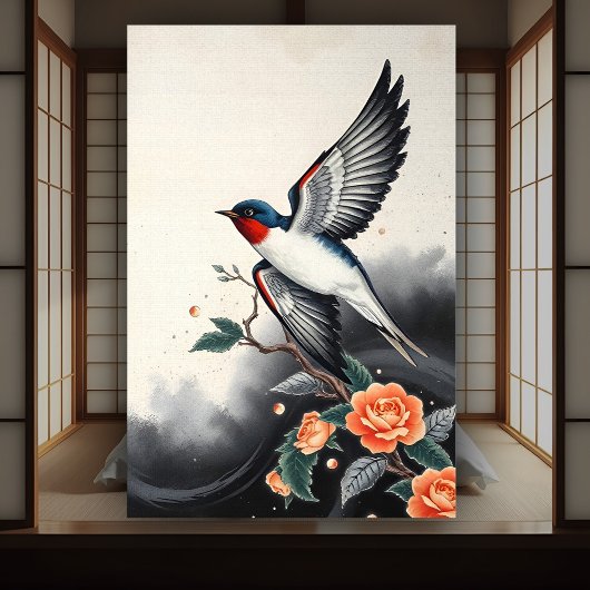 Poster Japonais traditionnel Élégant Vol Avales Oiseau