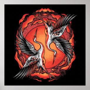 Poster Japonais Vol Bataille Grues Art Asiatique