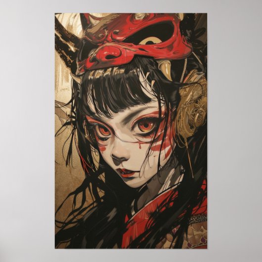Poster Japonaise Anime Girl avec Pos de Masque Oni Rouge (Devant)