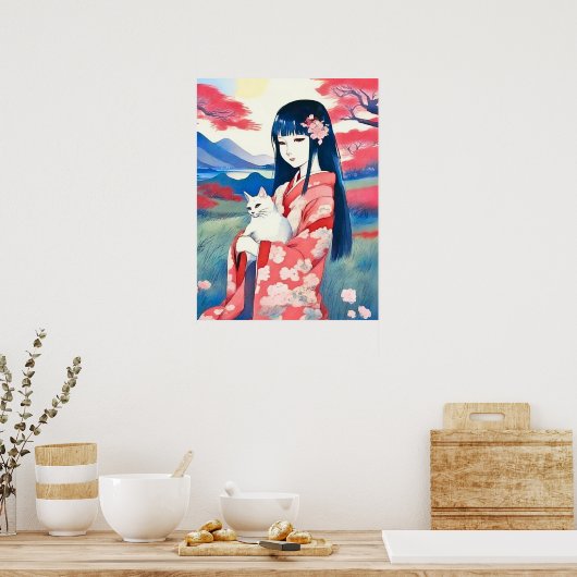 Poster Japonaise avec un chat blanc (Cuisine)