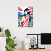 Poster Japonaise avec un chat blanc (Bureau à domicile)