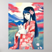 Poster Japonaise avec un chat blanc (Devant)