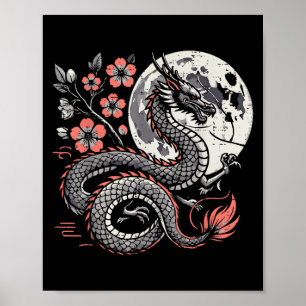 Poster Japonaise Dragon Sakura Lune Cerise Fleur Hommes F