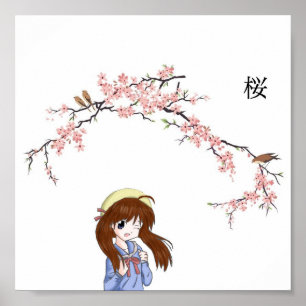 Poster Japonaise Fille Fleur de Cerisier