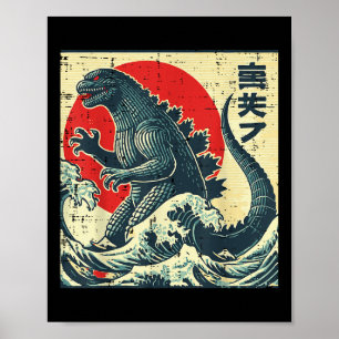 Poster Japonaise Kaiju Monster Vagues Retro Ukiyo Art Fem