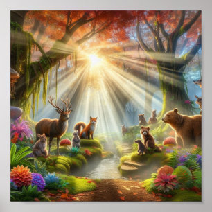 Poster Jardin avec animaux parlants et flore fantastique.