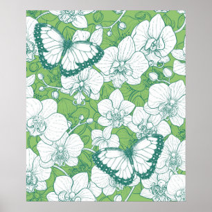 Poster Jardin botanique d'orchidées avec papillons en ver