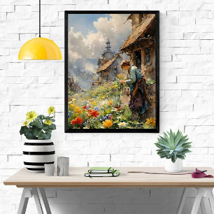 Poster Jardin de campagne avec fille en robe bleue et fle