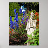 Poster Jardin de delphinium bleu et statue de déesse grec (Devant)