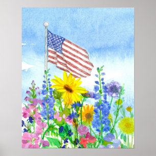 Poster Jardin de fleurs à l'aquarelle Drapeau américain C